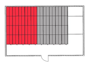 Plan d'implantation d'une étagère mobile. La capacité de stockage est doublée.