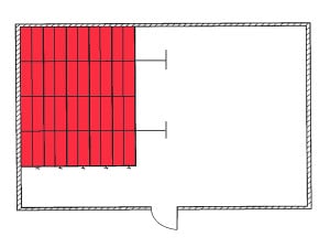 Plan d'implantation d'une étagère mobile. La surface est divisée de moitié.