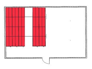 Plan d'implantation d'une étagère mobile. Visualisation d'une allée centrale.