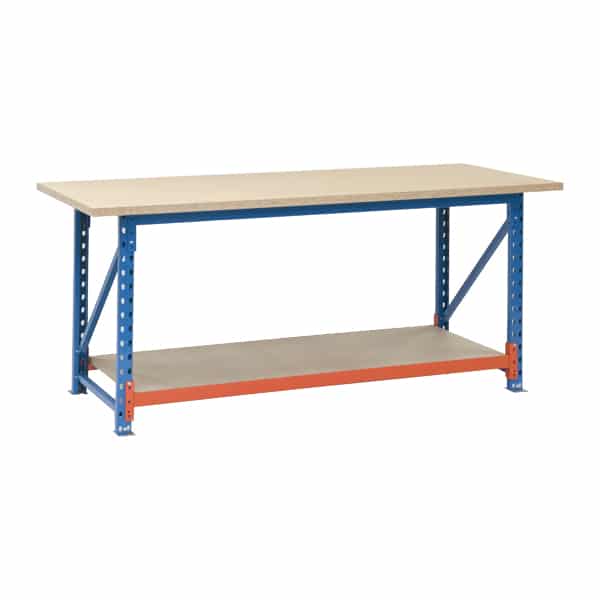 Table de travail tôle- plateau aggloméré, bleu, orange - profilcase